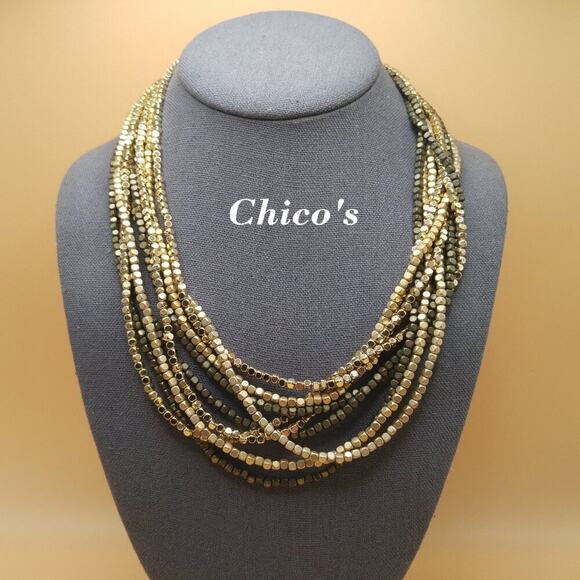 Chico’s Multistrand Metallic Gold Cube Bead Necklace Layered Statement - Picture 1 of 10